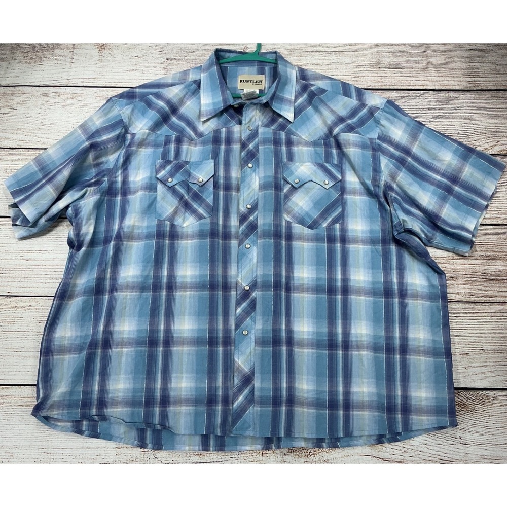Rustler Western Snap Shirt Cowboy Cotton Blend Mens 3XL Big Blue Plaid PreLoved